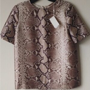 Tory Burch Taupe Snake-Print Short Sleeve Top Silk/ Wool blend SZ 2 NWT